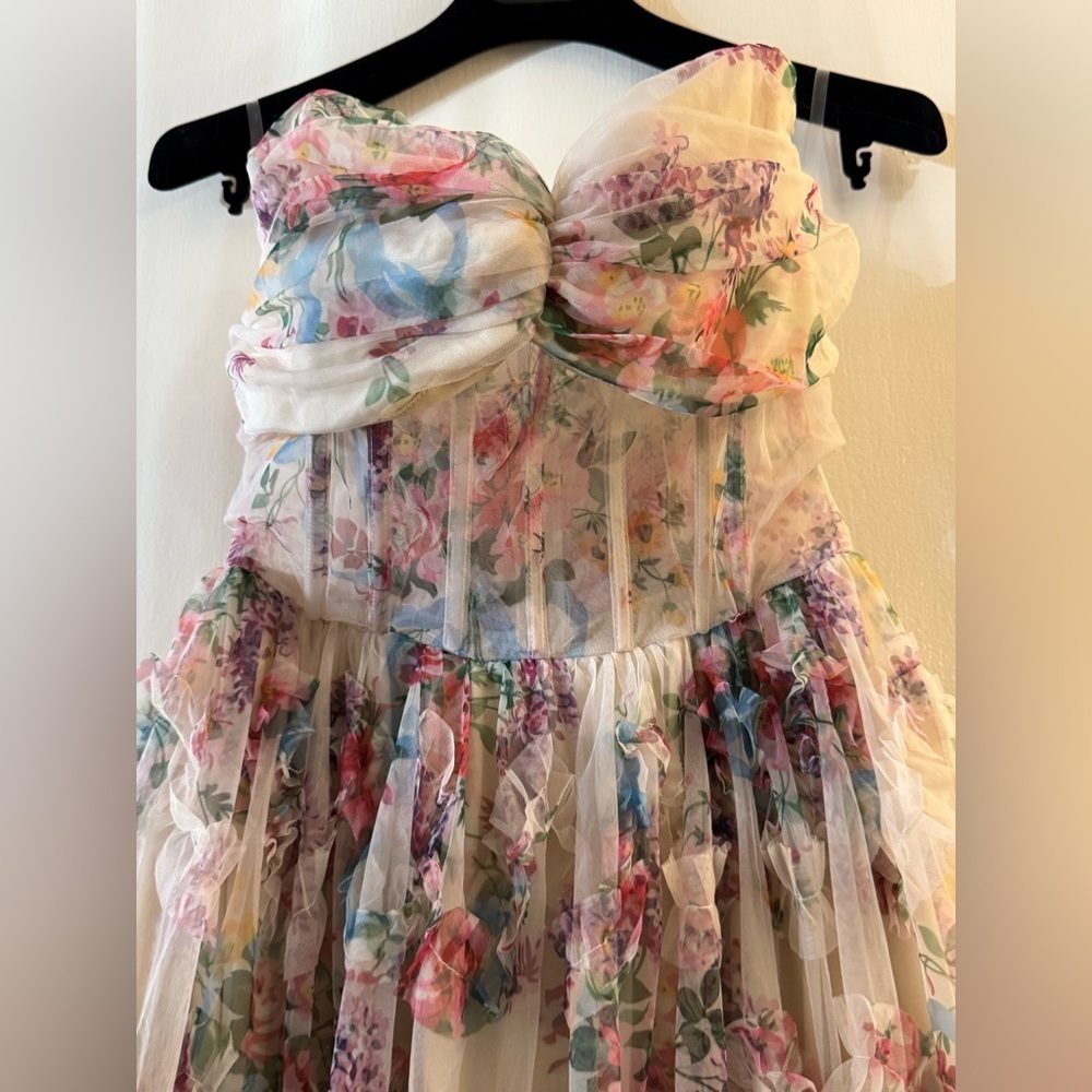 Faeriesty Ruched Bustier Ruffle Trim Hem Floral Print Tube Dress - Picture 7 of 12